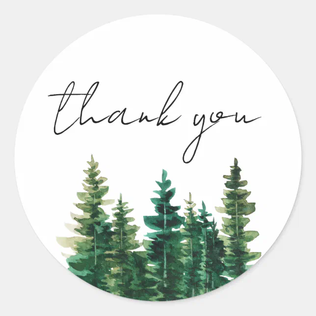 Watercolor Rustic Pine Trees Thank You Classic Round Sticker | Zazzle