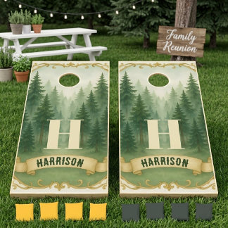 Watercolor Rustic Pine Wood Botanical Family Name Cornhole Set