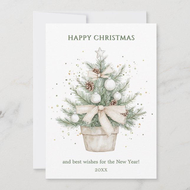 Watercolor Rustic Potted Christmas Tree Business Holiday Card (Front)