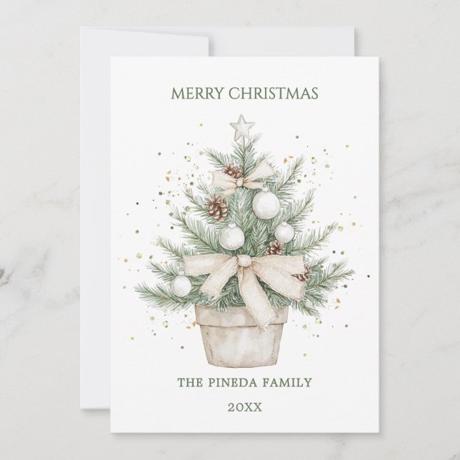 Watercolor Rustic Potted Christmas Tree Holiday Ca Card (Front)