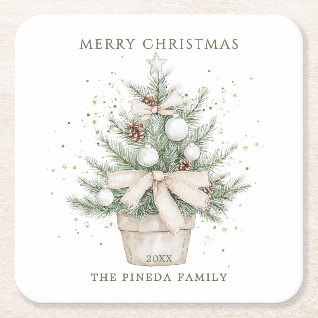 Watercolor Rustic Potted Christmas Tree Square Paper Coaster (Front)