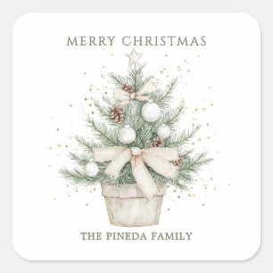 Watercolor Rustic Potted Christmas Tree Square Sticker