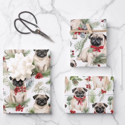 Watercolor rustic pug Christmas  Wrapping Paper Sheets