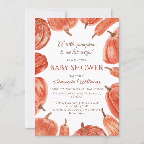 Watercolor Rustic Pumpkin Girl Baby Shower Invitation
