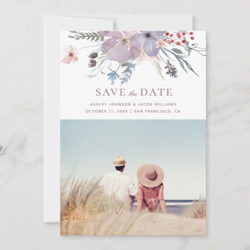 Watercolor rustic purple lilac floral botanical save the date