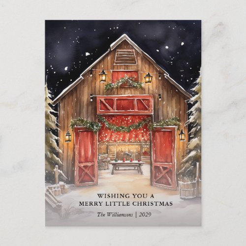 Watercolor Rustic Red Barn Country Christmas Card 