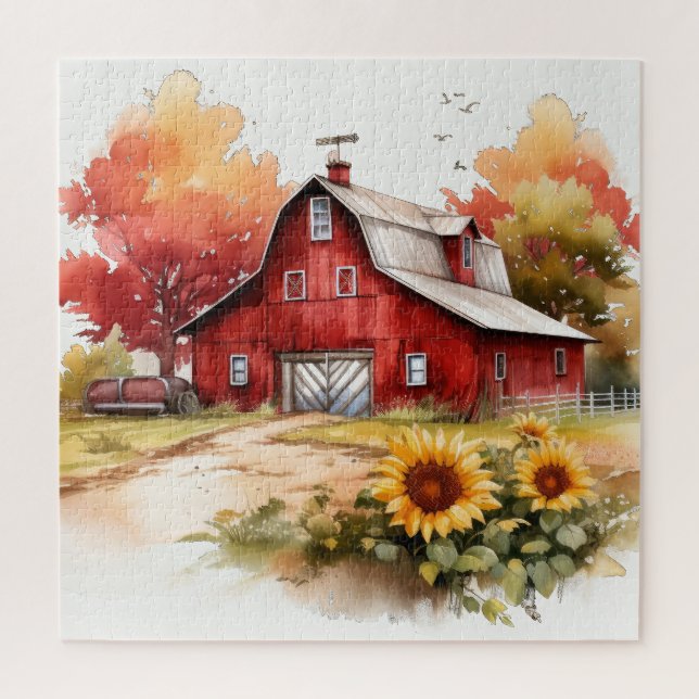 Watercolor Rustic Red Barn With Sunflowers Jigsaw Puzzle (Vertical)