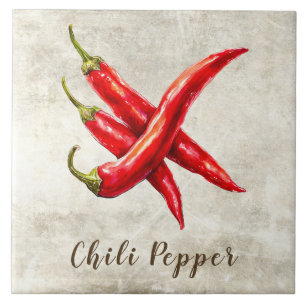 Watercolor Rustic Red Chili Pepper Faux Texture Ceramic Tile