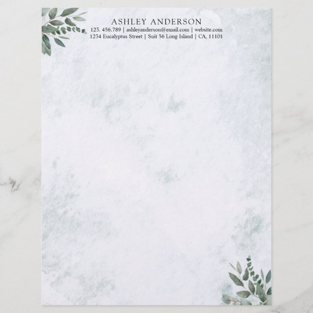 Watercolor Rustic Sage Greenery Leaves Letterhead (Front)