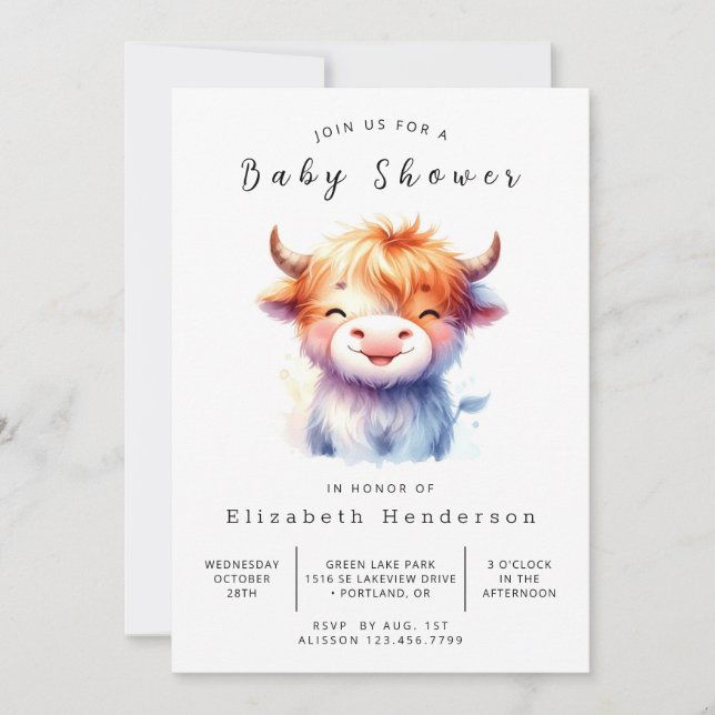 Watercolor Rustic Simple Cow Baby Shower Invitation (Front)