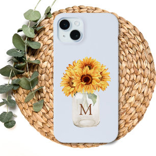 Watercolor Rustic Sunflower Bouquet in Mason Jar iPhone 15 Plus Case