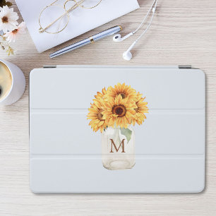 Watercolor Rustic Sunflower Bouquet in Mason Jar iPad Pro Cover
