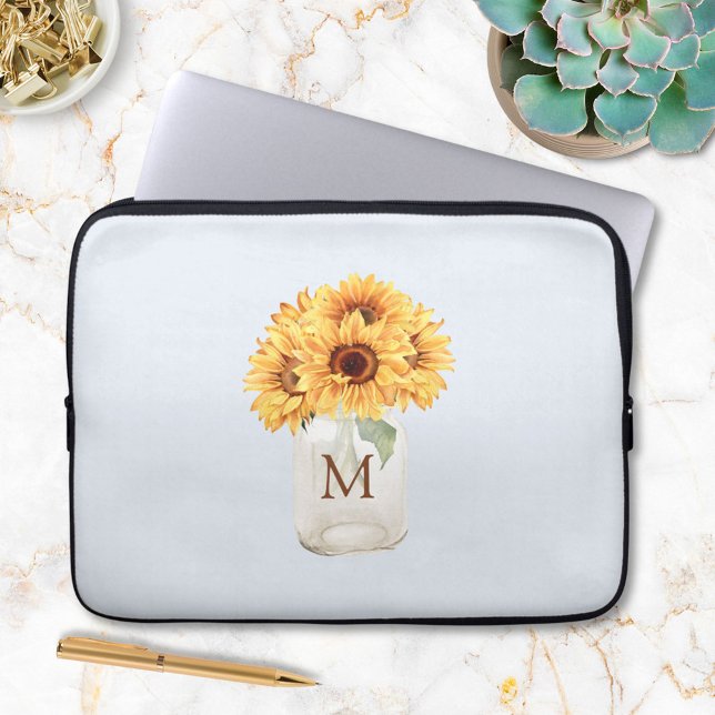 Watercolor Rustic Sunflower Bouquet in Mason Jar Laptop Sleeve (In situ)