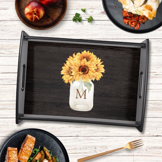 Watercolor Rustic Sunflower Bouquet in Mason Jar Serving Tray (In situ)