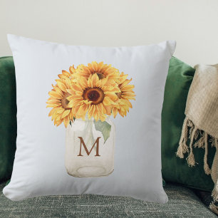 Watercolor Rustic Sunflower Bouquet in Mason Jar Throw Pillow
