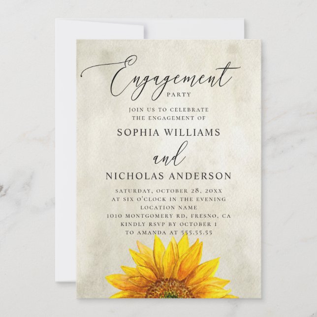 Watercolor rustic sunflower engagement party invitation (Front)
