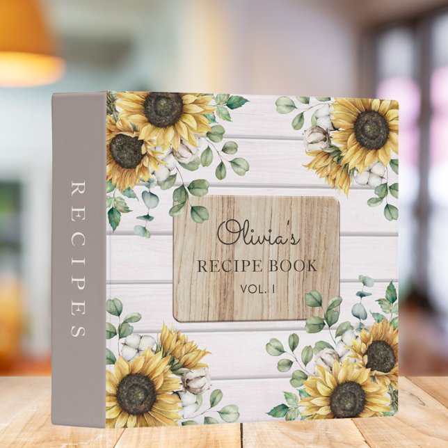 Watercolor Rustic Sunflower Wood Recipe Cookbook 3 Ring Binder (In situ on kitchen table)