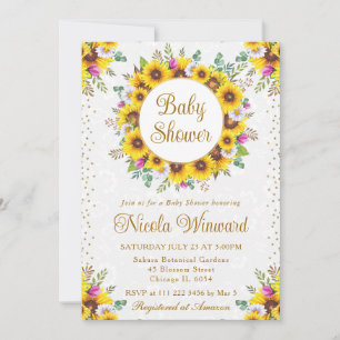 Watercolor Rustic Sunflowers Wreath Baby Shower Invitation
