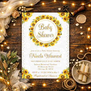 Watercolor Rustic Sunflowers Wreath Baby Shower Invitation