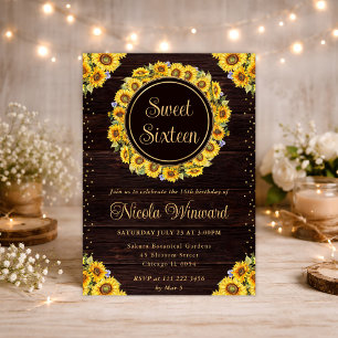 Watercolor Rustic Sunflowers Wreath Sweet 16 Invitation