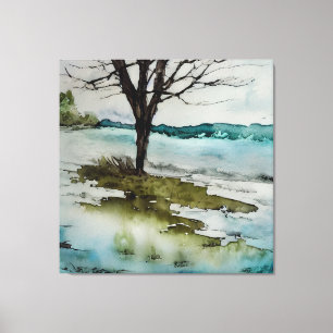 Watercolor Rustic Tree and Water Landscape Canvas Print