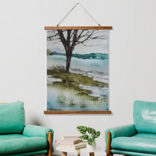Watercolor Rustic Tree and Water Landscape Hanging Tapestry