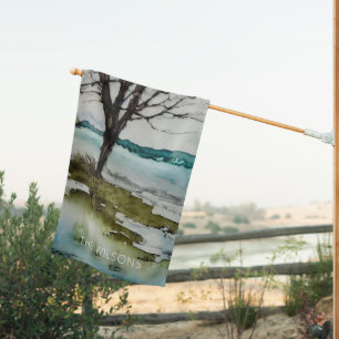 Watercolor Rustic Tree and Water Landscape House Flag