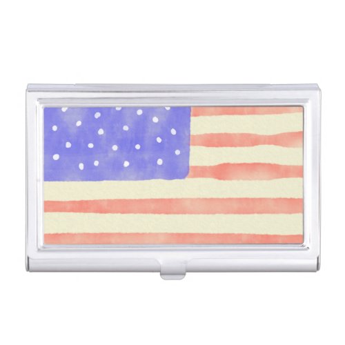 Watercolor rustic USA American flag Business Card Case