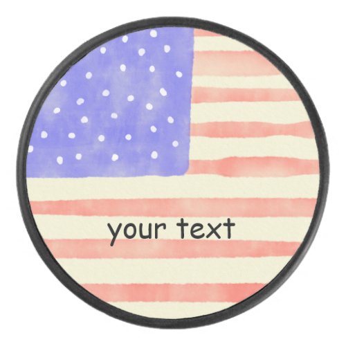 Watercolor rustic USA American flag Custom text Hockey Puck