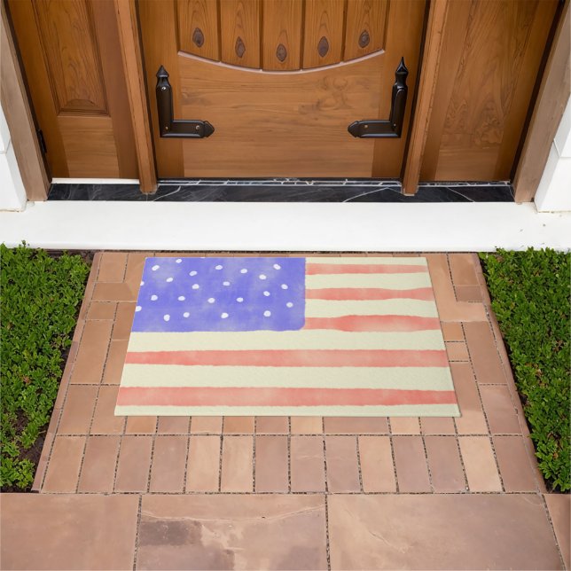 Watercolor rustic USA American flag Doormat (Outdoor)