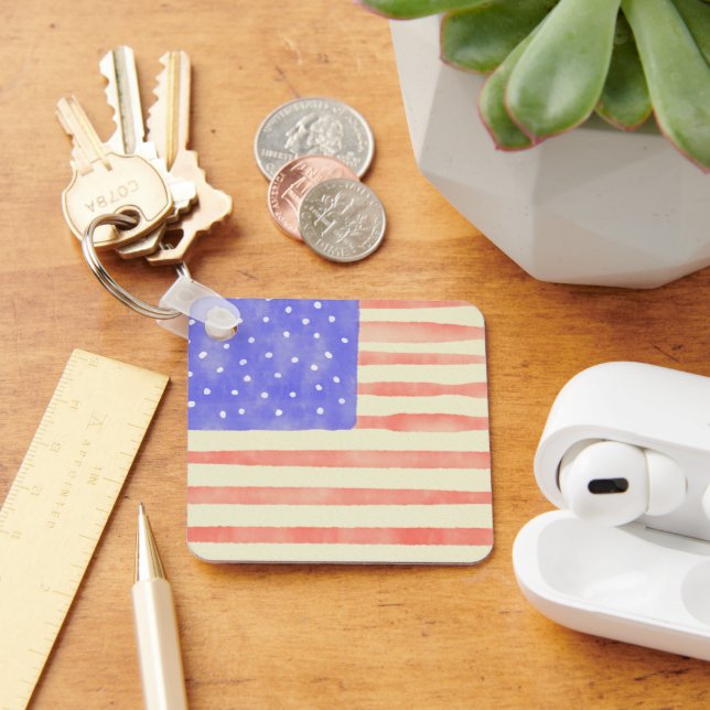 Watercolor rustic USA American flag Keychain (Desk)