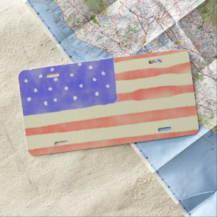 Watercolor rustic USA American flag License Plate