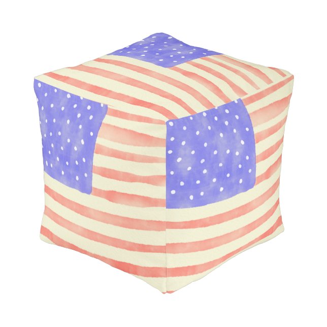 Watercolor rustic USA American flag Pouf (Angled Front)