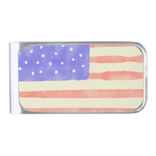Watercolor rustic USA American flag Silver Finish Money Clip