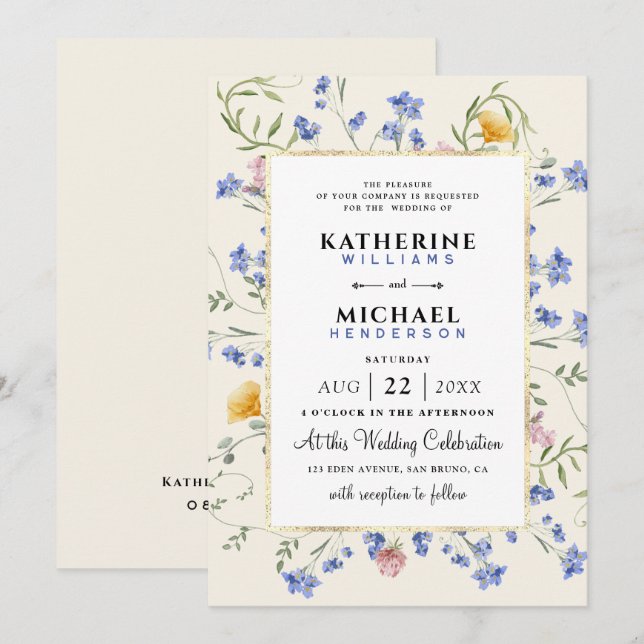 watercolor Rustic wildflowers meadow Foil Wedding Invitation (Front/Back)