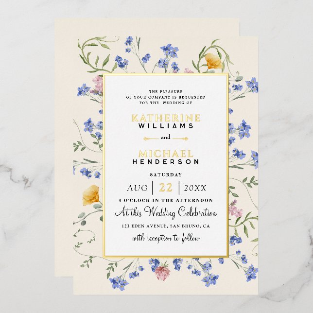 Watercolor Rustic wildflowers meadow Wedding Foil Invitation (Front/Back)