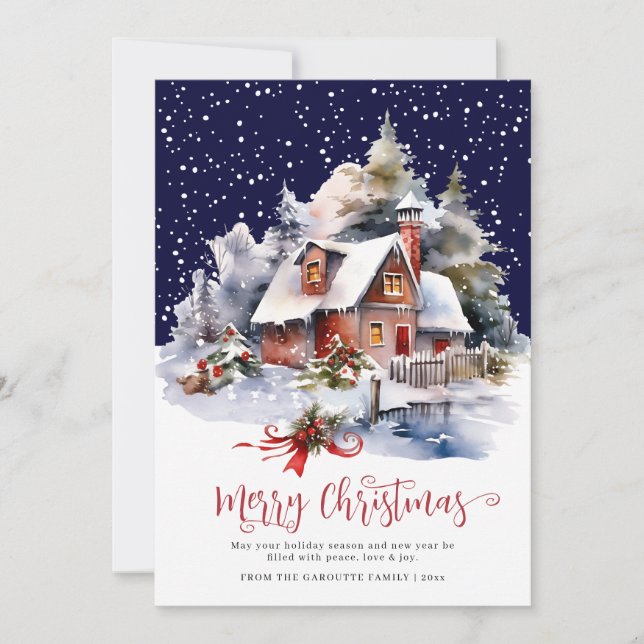Watercolor Rustic Winter 3 Photo Merry Christmas Holiday Card (Front)