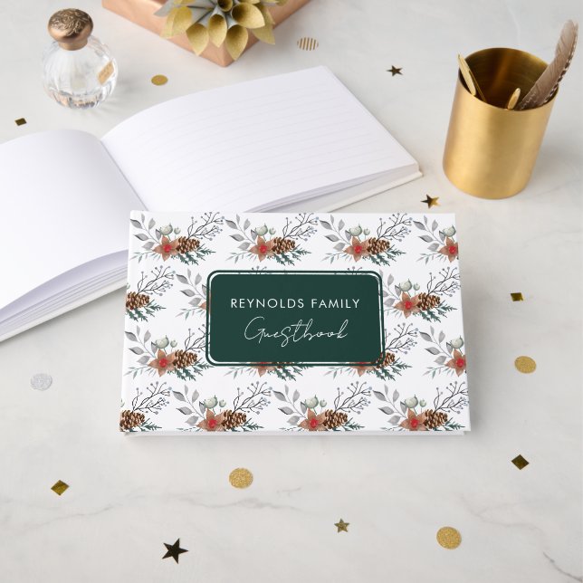 Watercolor Rustic Winter Christmas Holiday Guest Book (Front Open)