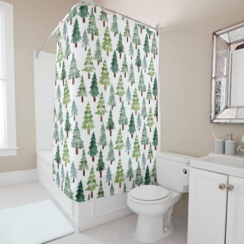 Watercolor Rustic Winter Pine Forest Pattern  Shower Curtain