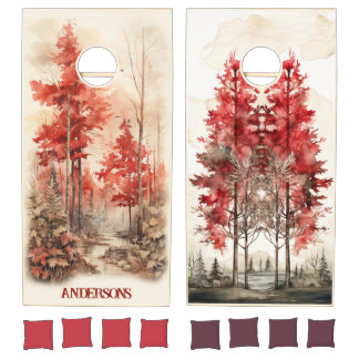 Watercolor Rustic Wood Red Buffalo Plaid Trees Cornhole Set