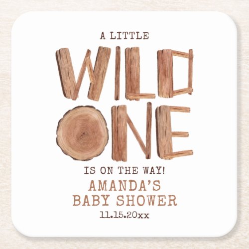 Watercolor Rustic Wood Wild One Baby Shower  Square Paper Coaster