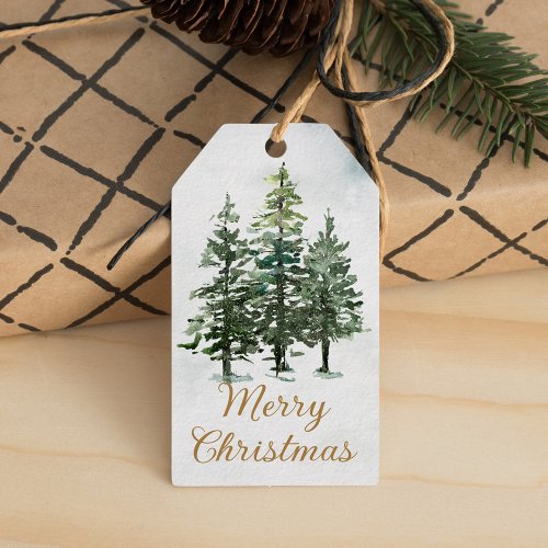 Watercolor Rustic Woodland Pine Trees Christmas Gift Tags