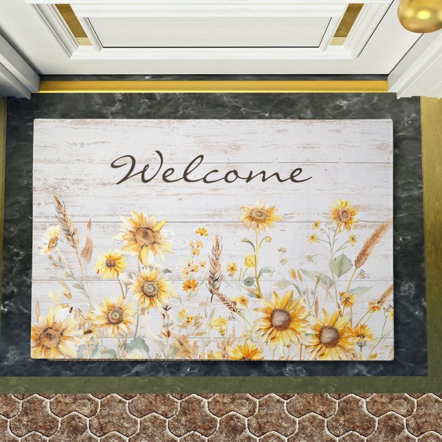 Watercolor Rustic Yellow Sunflower Garden Welcome Doormat (In situ)