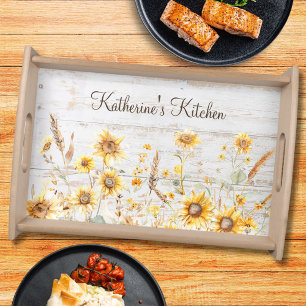 Watercolor Rustic Yellow Sunflower Garden Wood Serving Tray