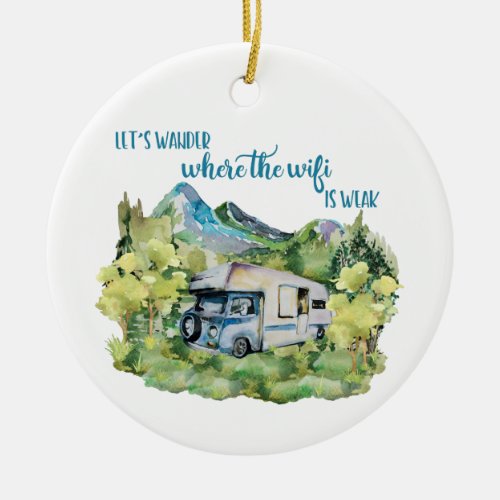 Watercolor RV Motorhome Camping Scene Ceramic Ornament