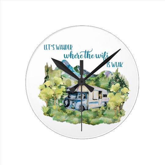 Watercolor RV Motorhome Camping Scene Round Clock