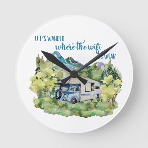 Watercolor RV Motorhome Camping Scene Round Clock