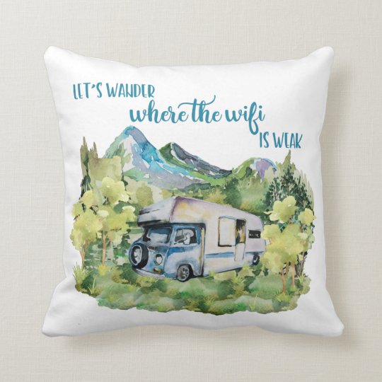 Watercolor RV Motorhome Camping Scene Throw Pillow