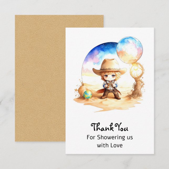 Watercolor: Saddle Up Cowboy Baby Shower  Thank You Card (Front/Back)