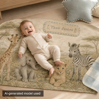 Watercolor Safari Animal Baby Name Nursery Blanket